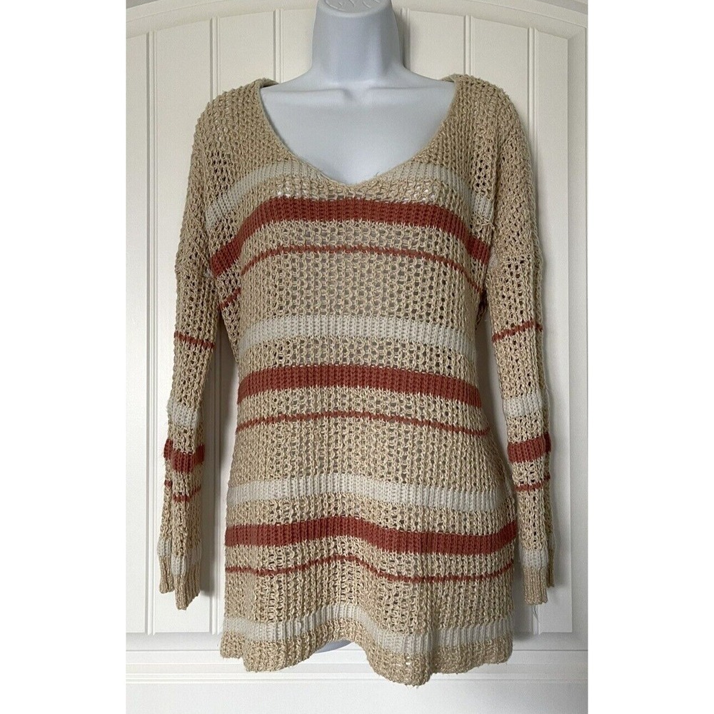 Sweet Claire Pull-Over Open Knitted Sweater Women's Size Large Stripped Tan/Pink